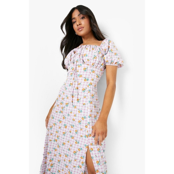 Boohoo Petite Dresses & Skirts - Puff sleeve floral gingham maxi dress